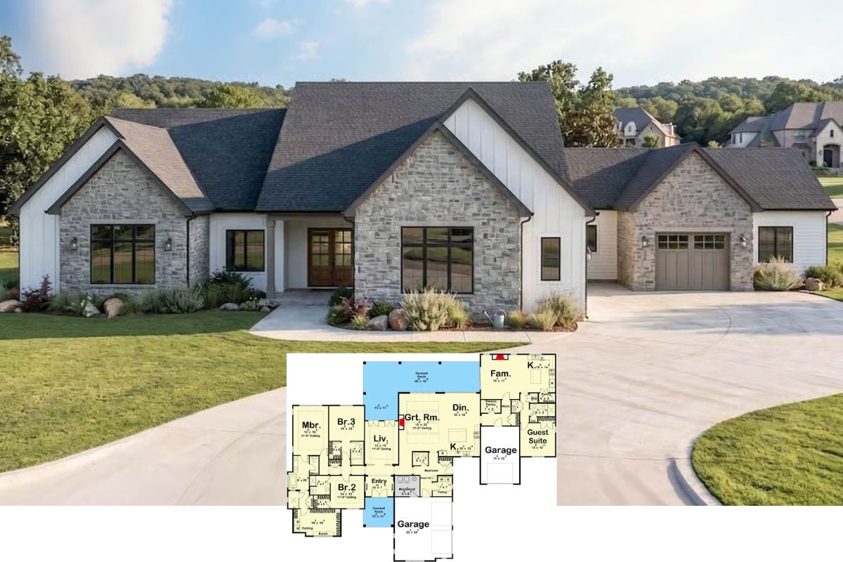 Contemporary 4-Bedroom Modern Farmhouse with In-Law Suite and Covered Back Porch (Floor Plan)