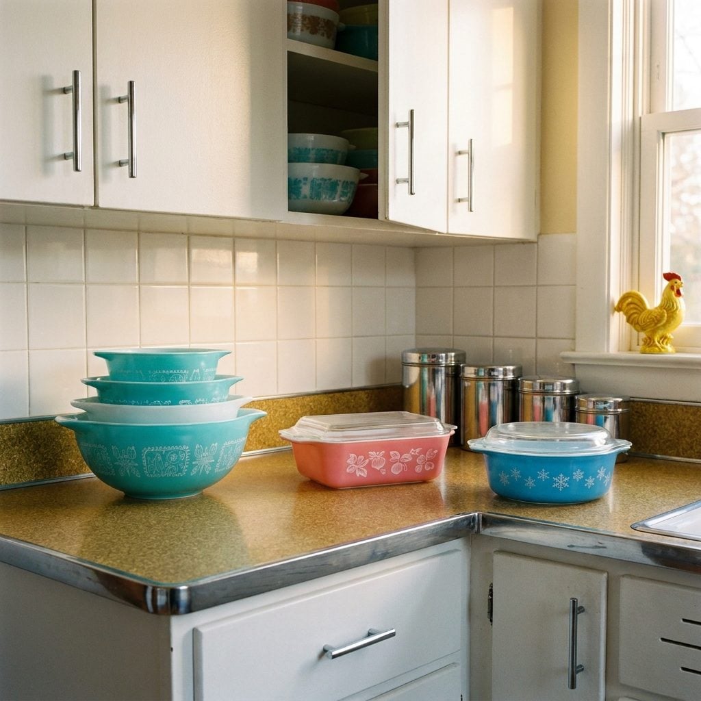 Pyrex Casserole Dishes in Butterprint, Gooseberry, and Snowflake Patterns That Went From Oven to Table to Legend