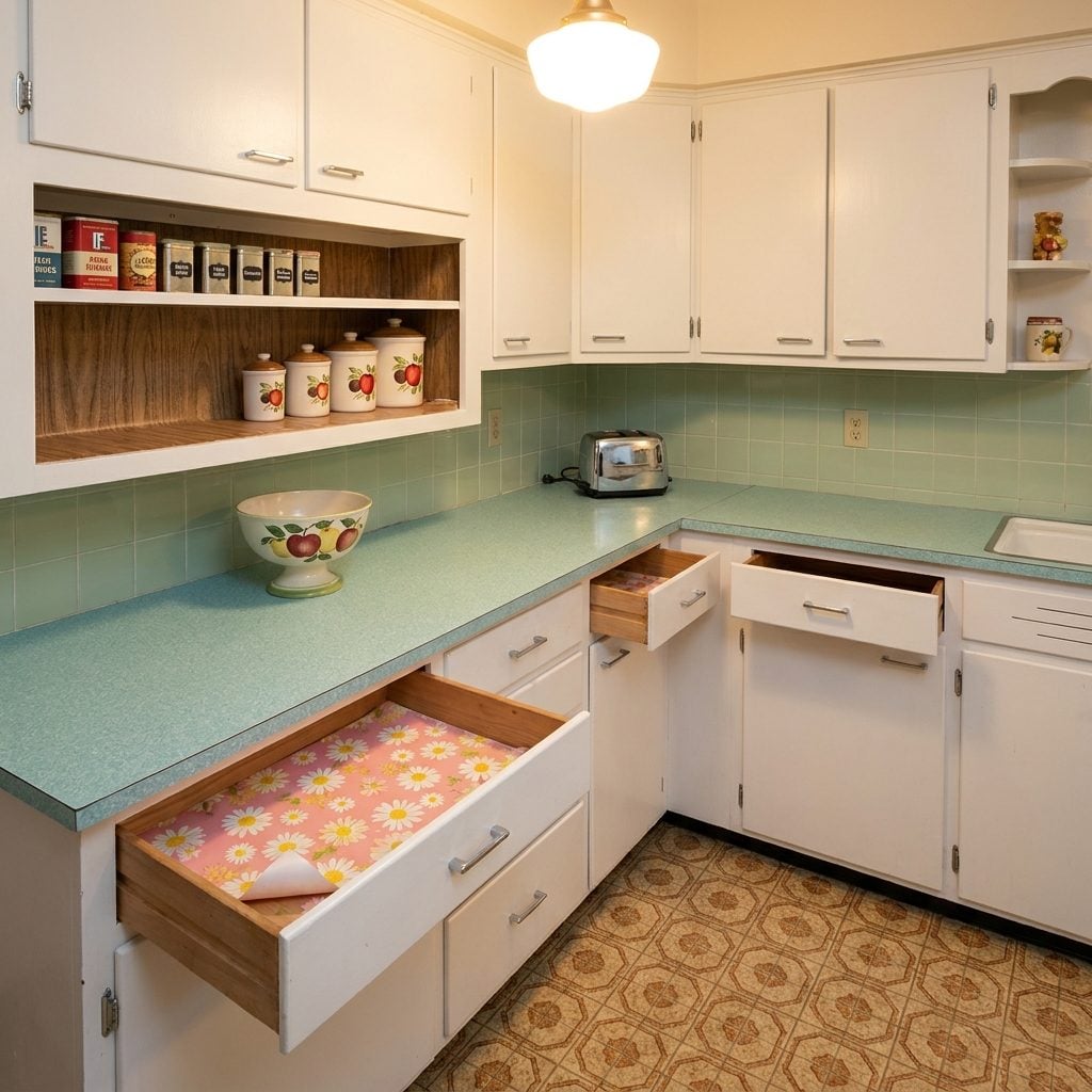 Contact Paper in Floral or Faux Wood That Lined Every Drawer and Cabinet Shelf