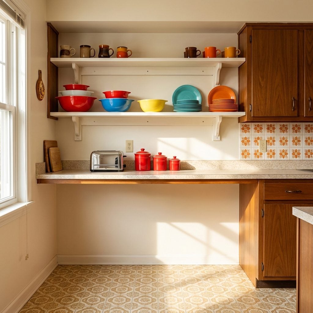 Open Shelves Stacked High with Color-Matched Dishware Nobody Was Allowed to Actually Use