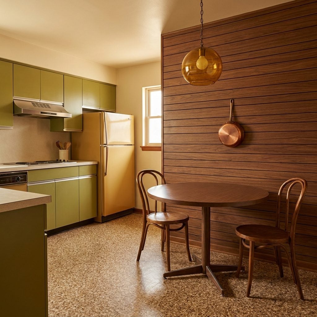 Walnut-Toned Wood Panel Accent Walls That Made the Kitchen Feel Like a Ski Lodge