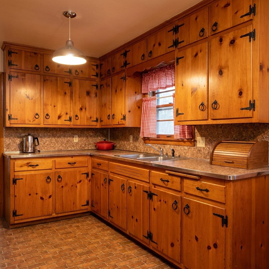 Knotty Pine Cabinets With Visible Grain and Black Iron Hardware That Made Every Kitchen Look Like a Ski Lodge