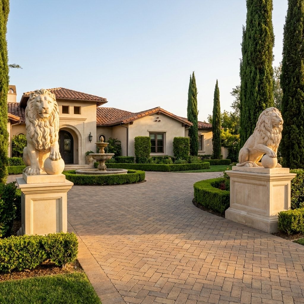 Two Stone Lions Guarding a Driveway That Leads to a Three-Bedroom House