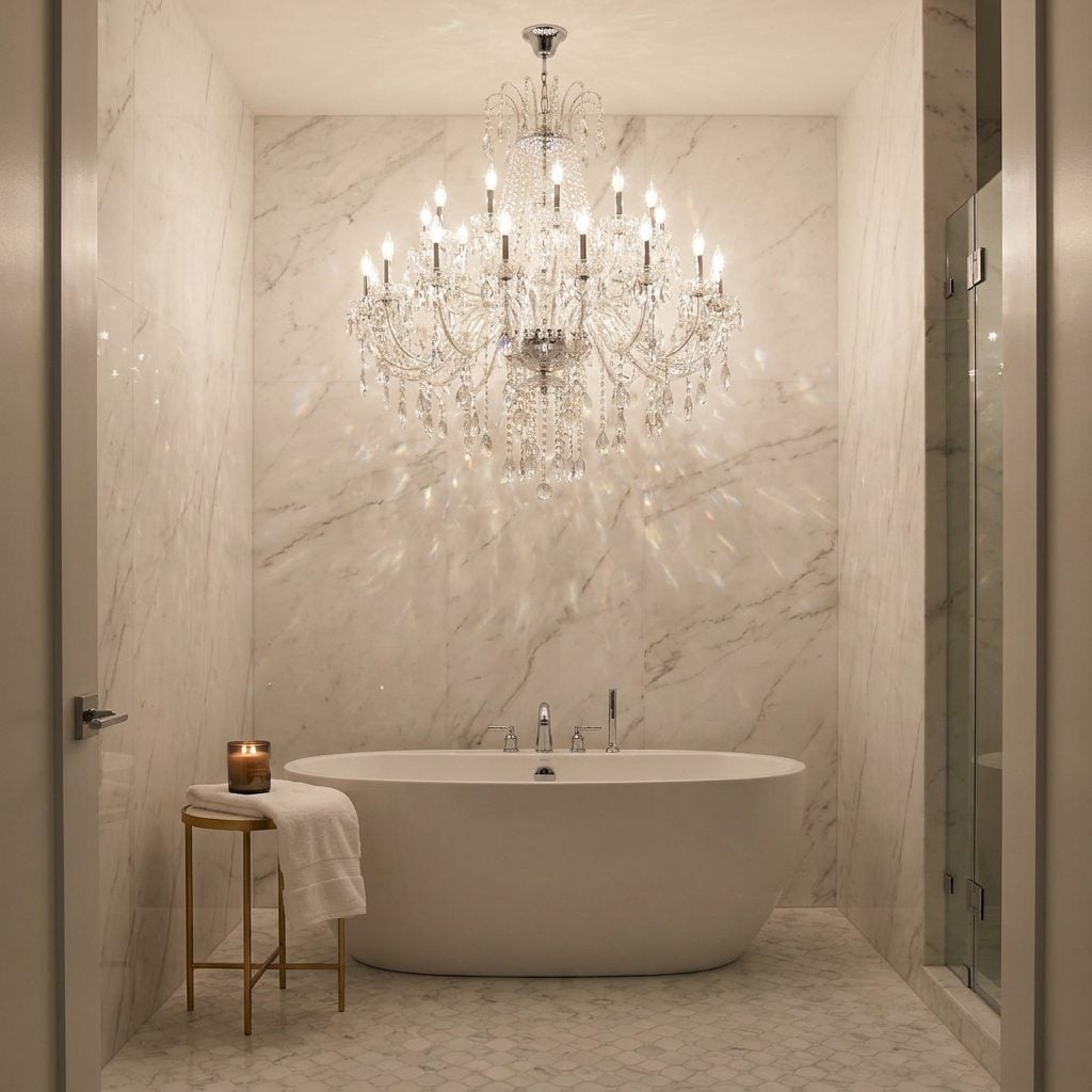 A Chandelier Hanging Above a Toilet Like It's the Throne Room at Versailles