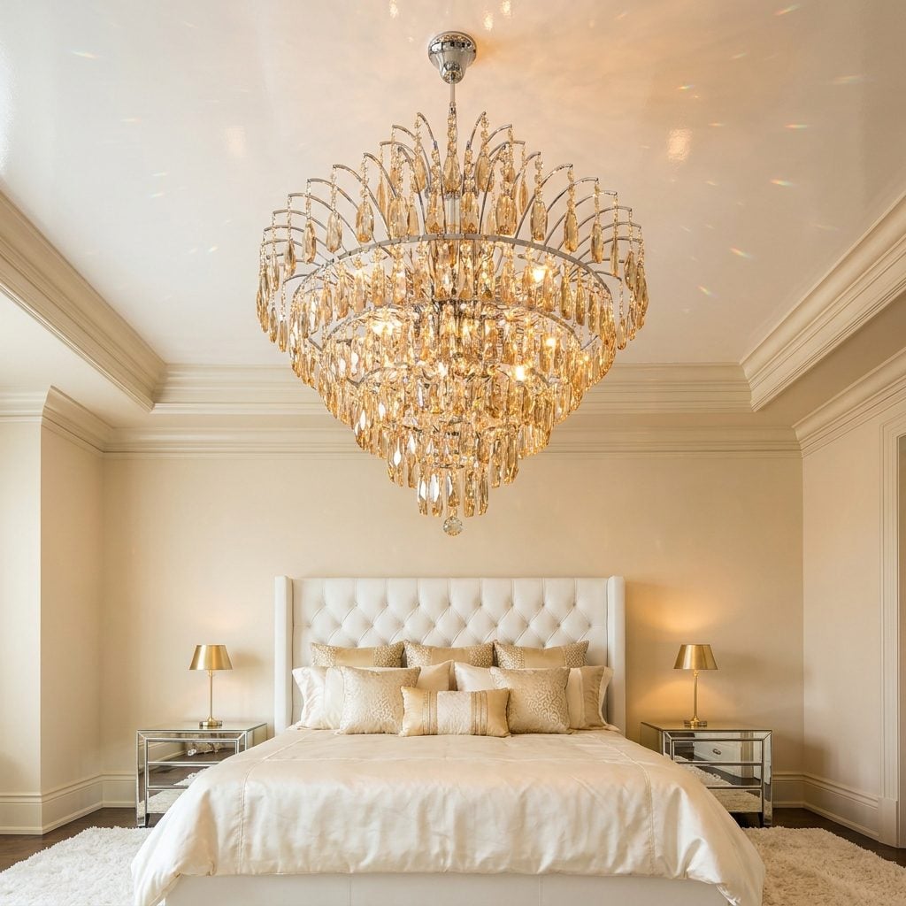 The Bedroom Chandelier That Hangs Directly Over the Bed Like a Crystal Guillotine