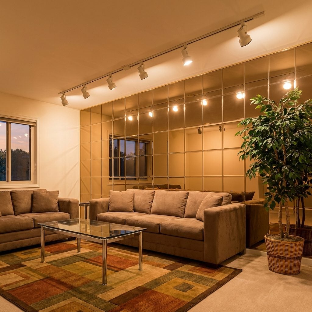 Track Lighting Aimed Directly at a Mirrored Wall