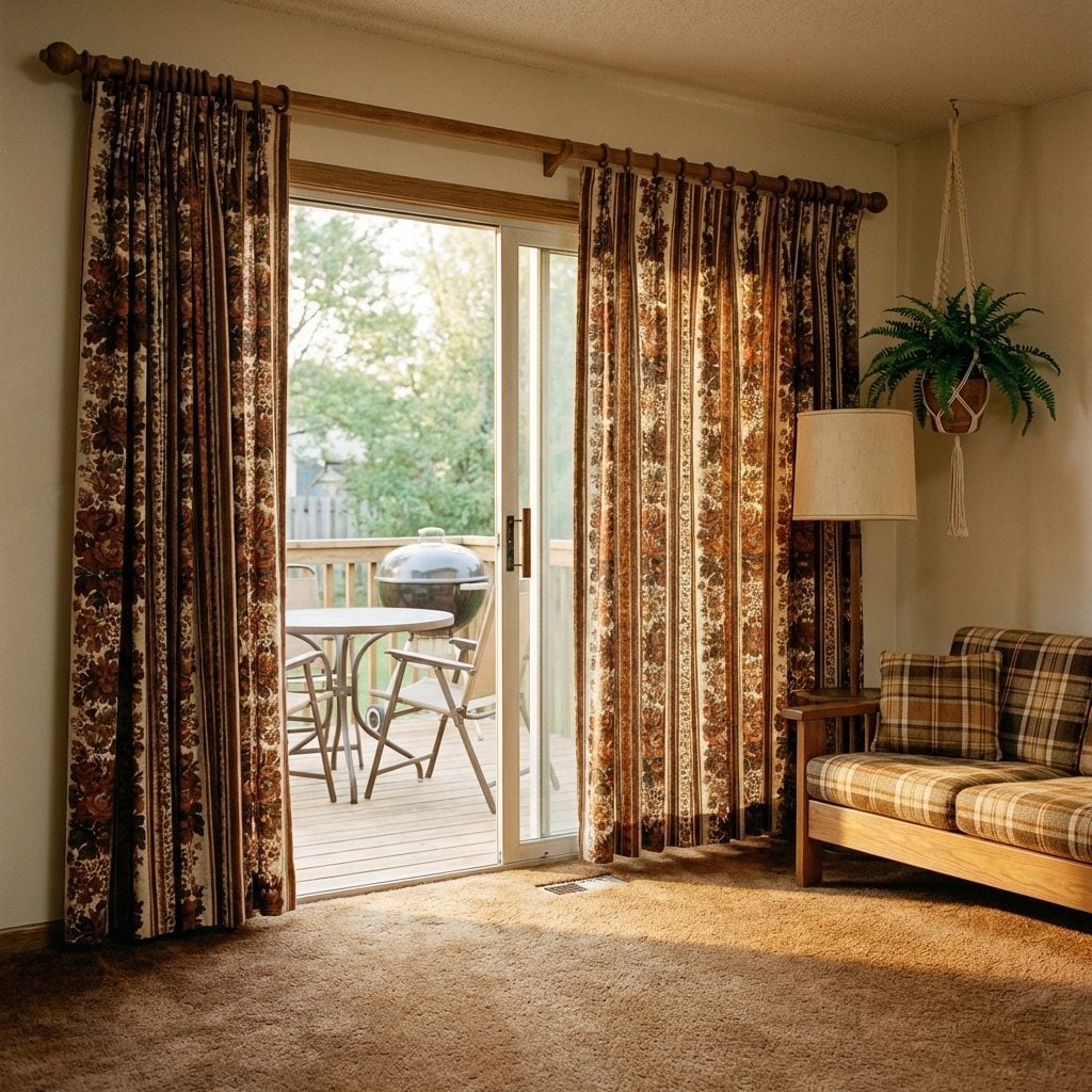 Sliding Glass Doors With Heavy Curtains Leading to the Wood Deck