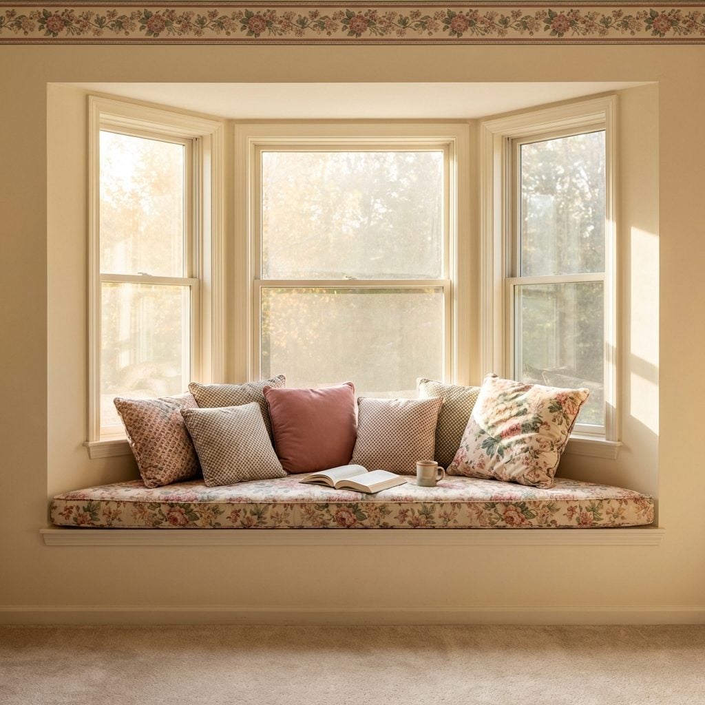 The Bay Window With a Padded Window Seat and a Pile of Throw Pillows