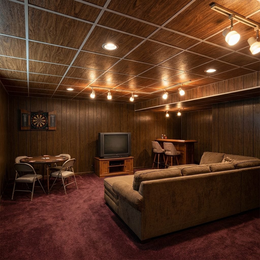 Drop Ceilings in the Basement Rec Room With Those Wood-Look Panels