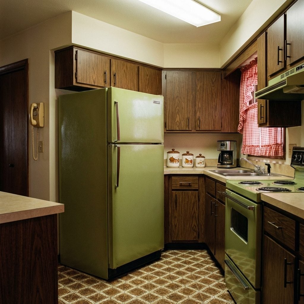The Harvest Gold or Avocado Green Refrigerator Humming Quietly in the Corner