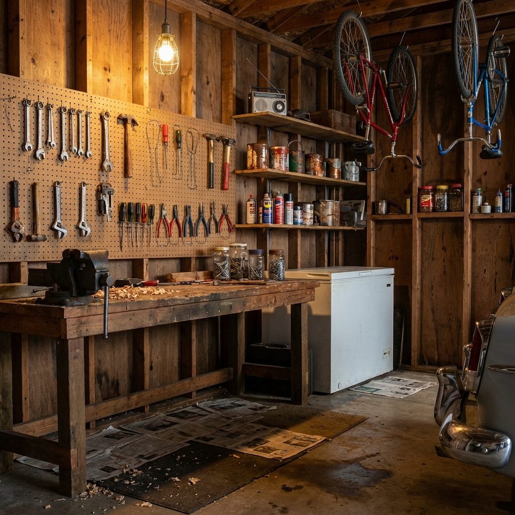 A Garage With a Real Workbench and Everything on Its Own Hook