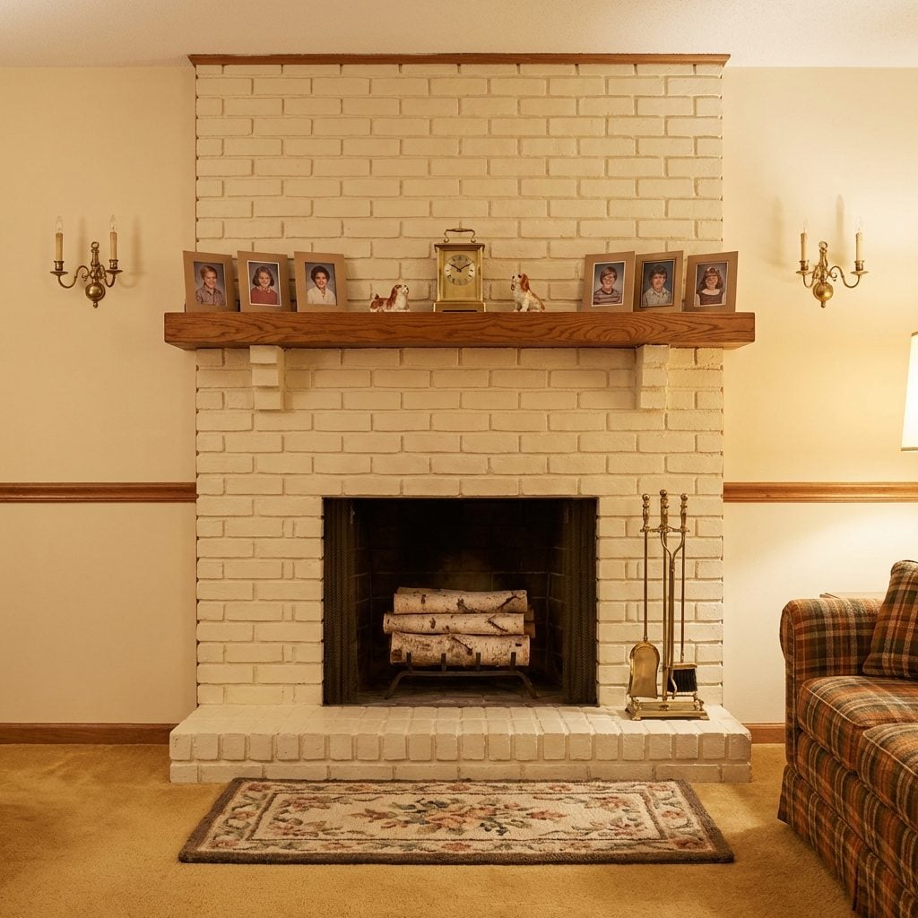 The Brick Fireplace With a Chunky Wood Mantel Covered in Family Photos