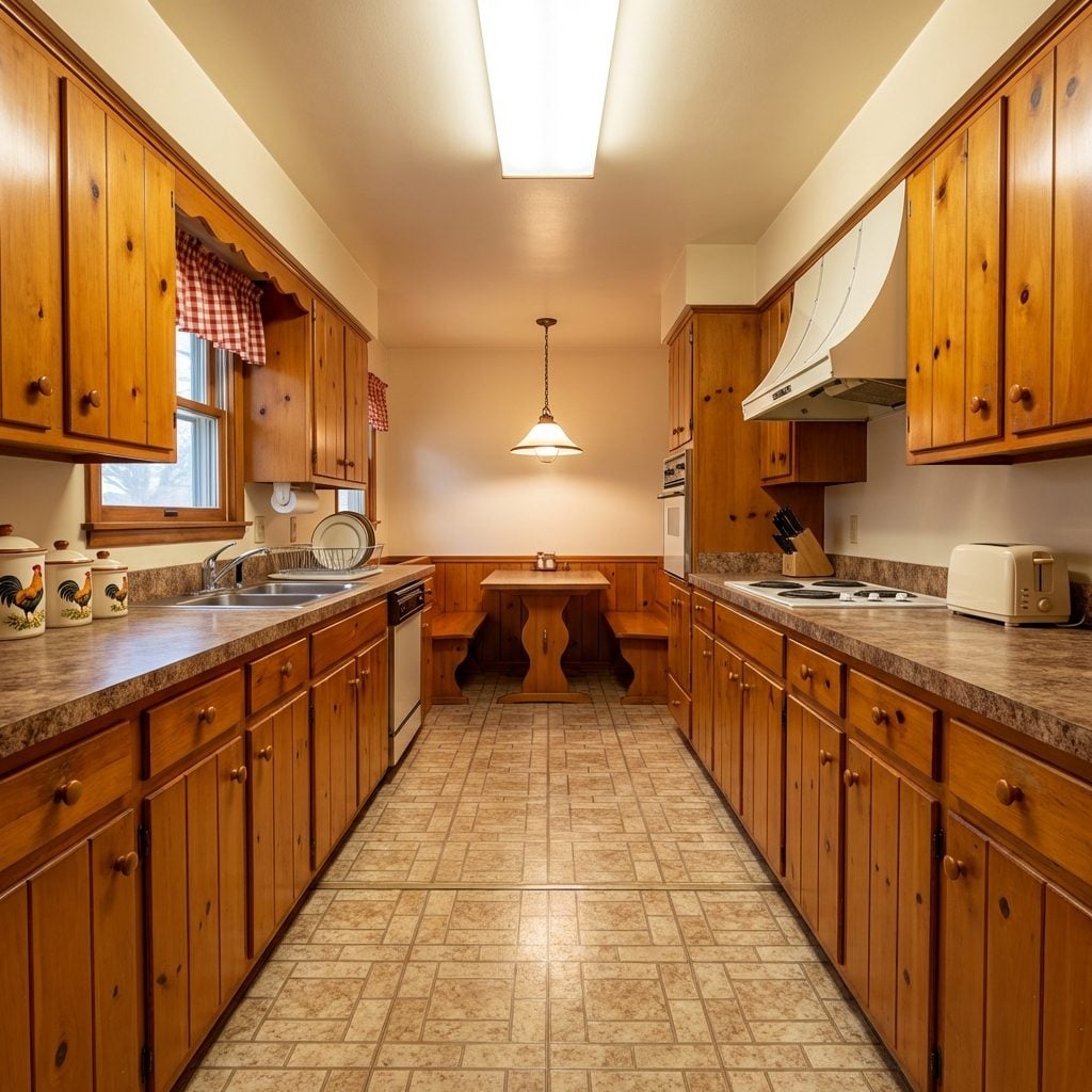 A Kitchen With Knotty Pine Cabinets and That Linoleum That Pretended to Be Tile