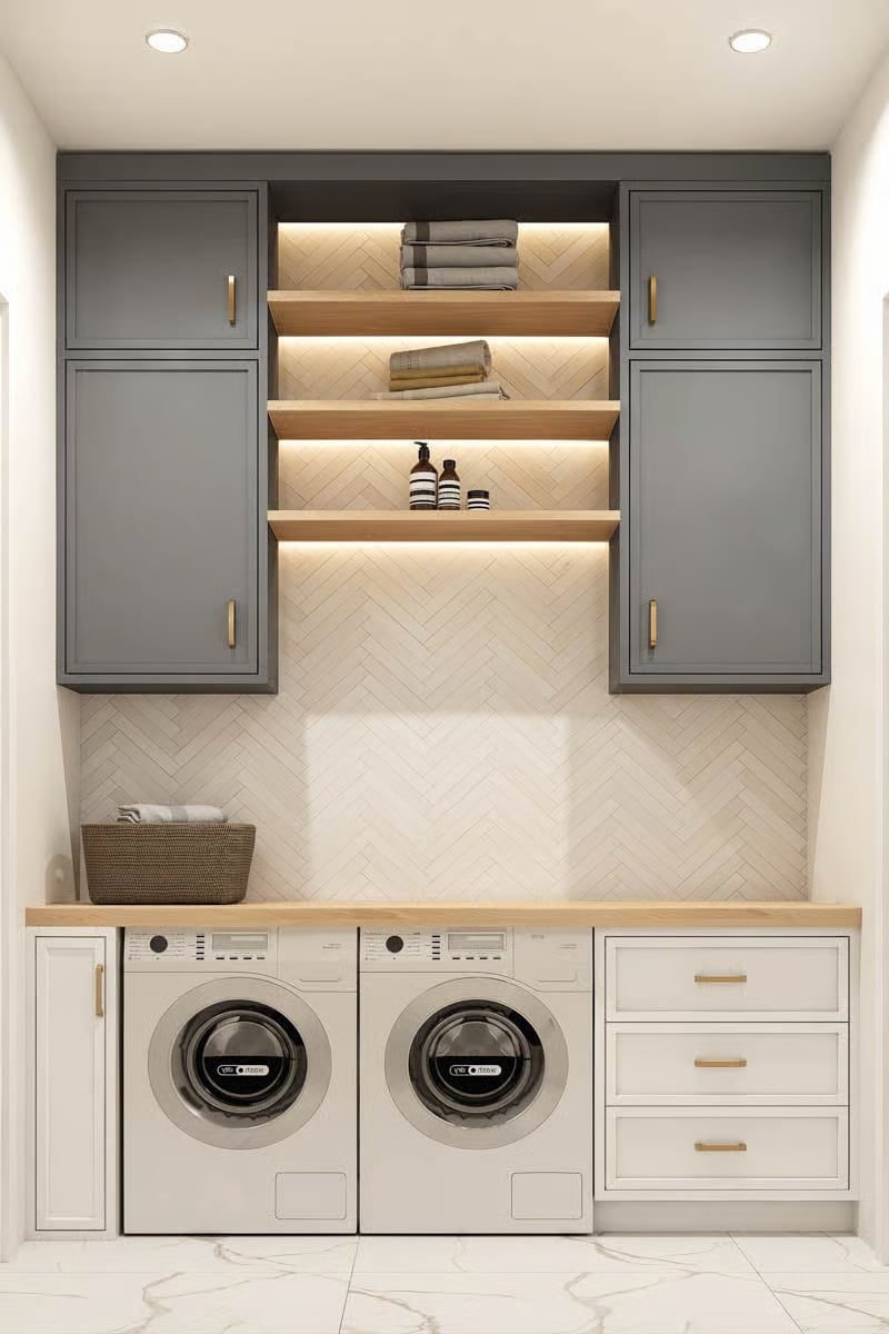 Gold Hardware and Herringbone Tile Make This Laundry Room Work Hard and Look Good