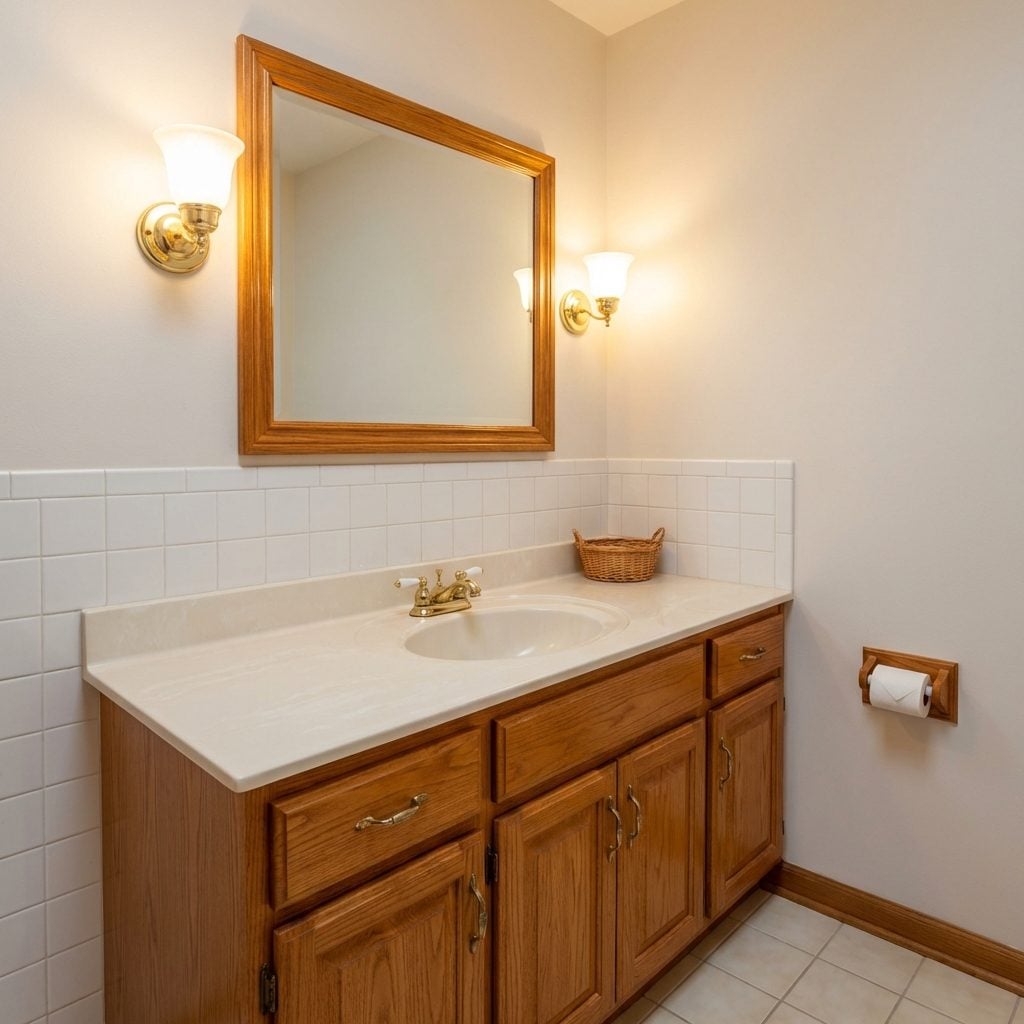The Oak-Framed Mirror Above the Vanity That Matched Absolutely Everything