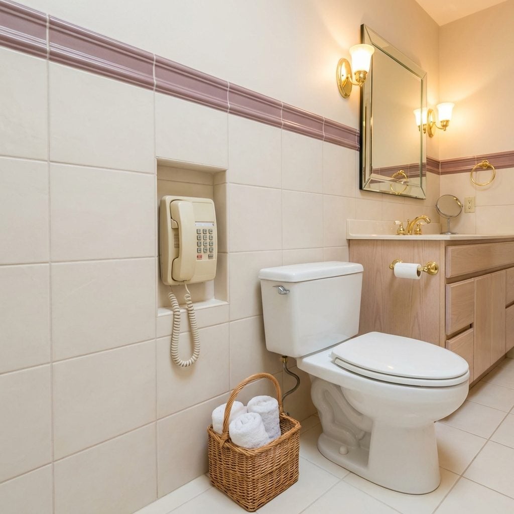 The Telephone Mounted Directly Into the Bathroom Wall