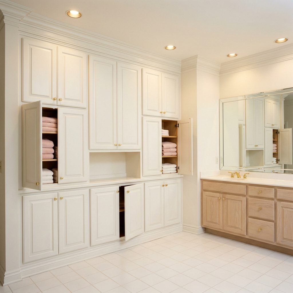 Built-In Linen Cabinets Floor-to-Ceiling Along One Full Wall
