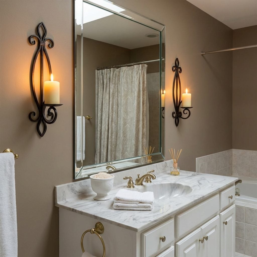 Built-In Candle Sconces Flanking the Bathroom Mirror Like a Vanity for a Period Film