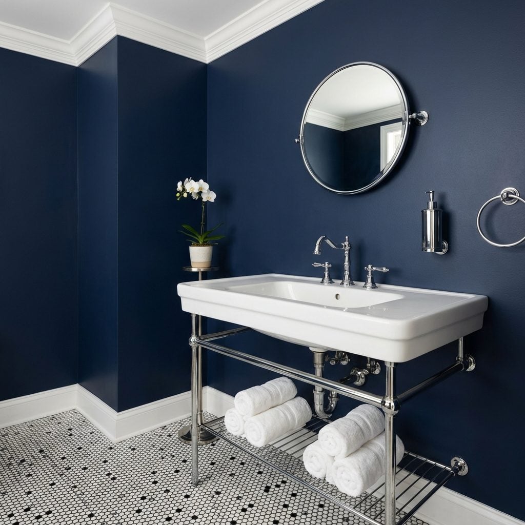 The Console Sink with Chrome Legs and That Little Shelf Underneath for Display Towels