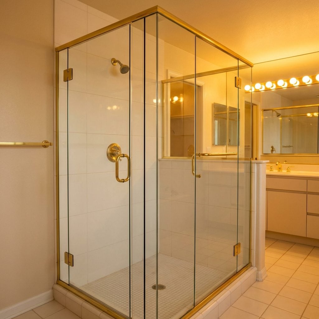 The Brass-Framed Glass Shower Enclosure With That Particular Gleam