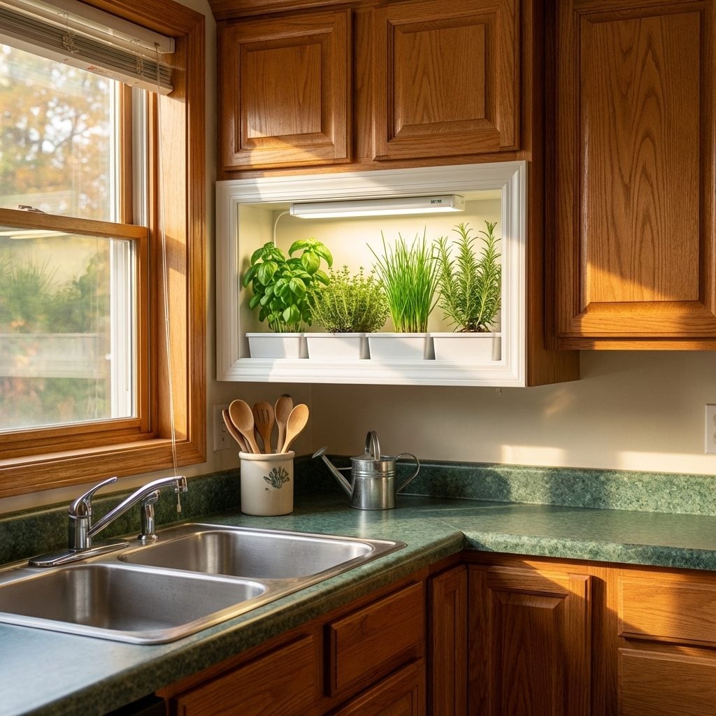 The Indoor Herb Garden Window Insert With the Grow Light