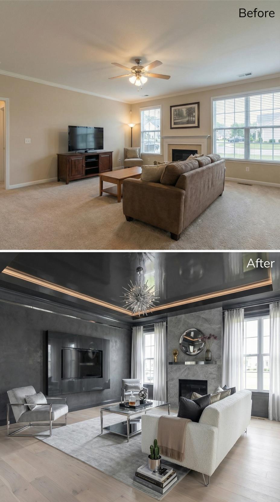 Glossy Black Tray Ceiling and Sputnik Pendant Pull a Flat Room Into Focus