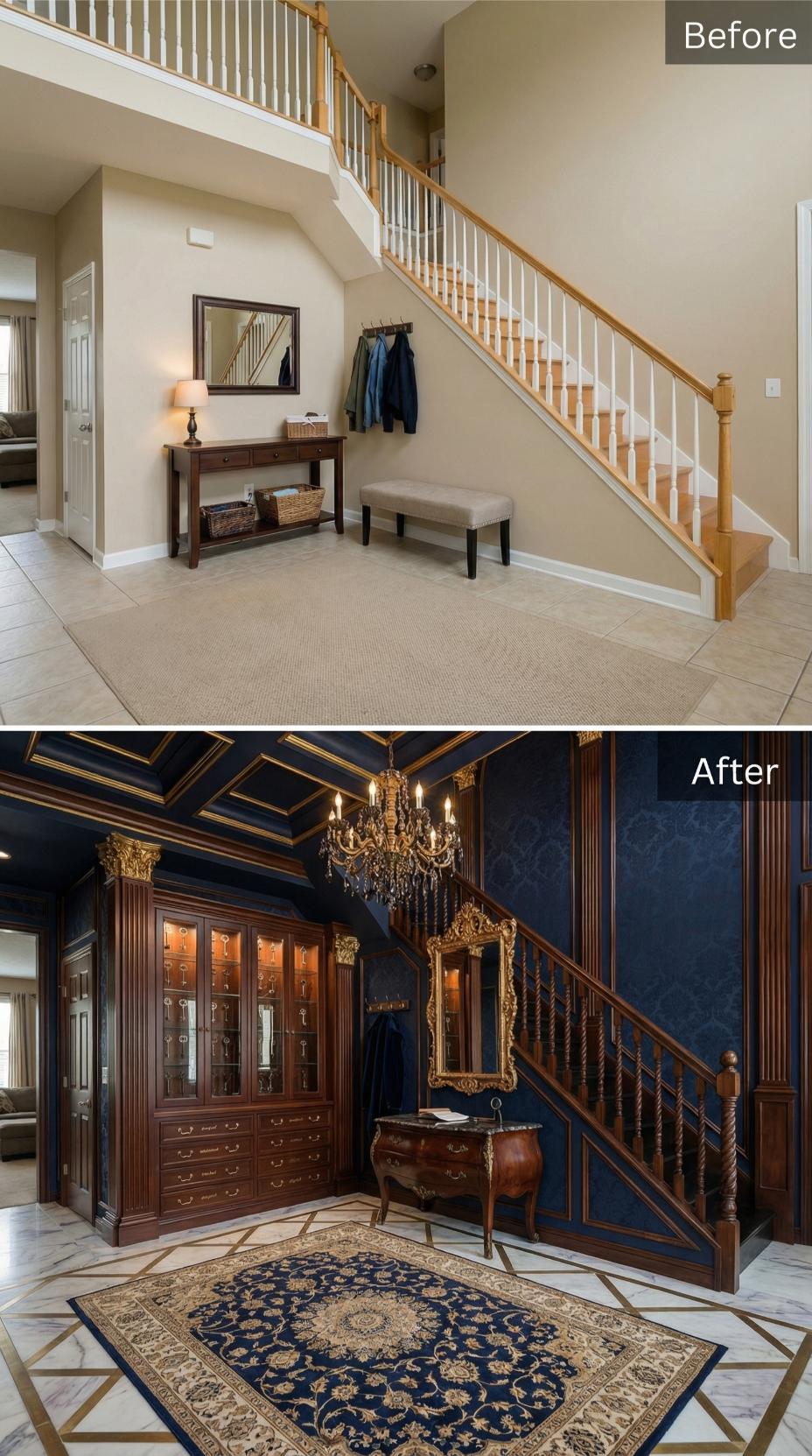 Navy Damask Walls, Barley-Twist Balusters, and a Key Cabinet That Solves Everything