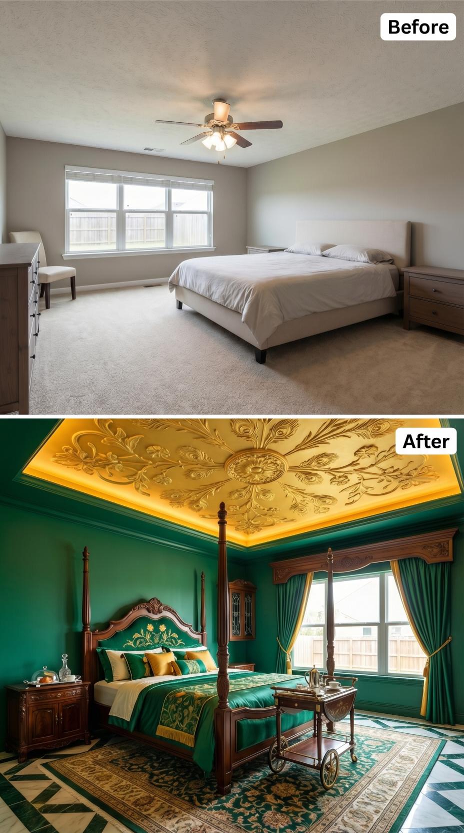 Emerald Walls and a Gold Relief Ceiling Turn Builder Beige Into a Royal Retreat