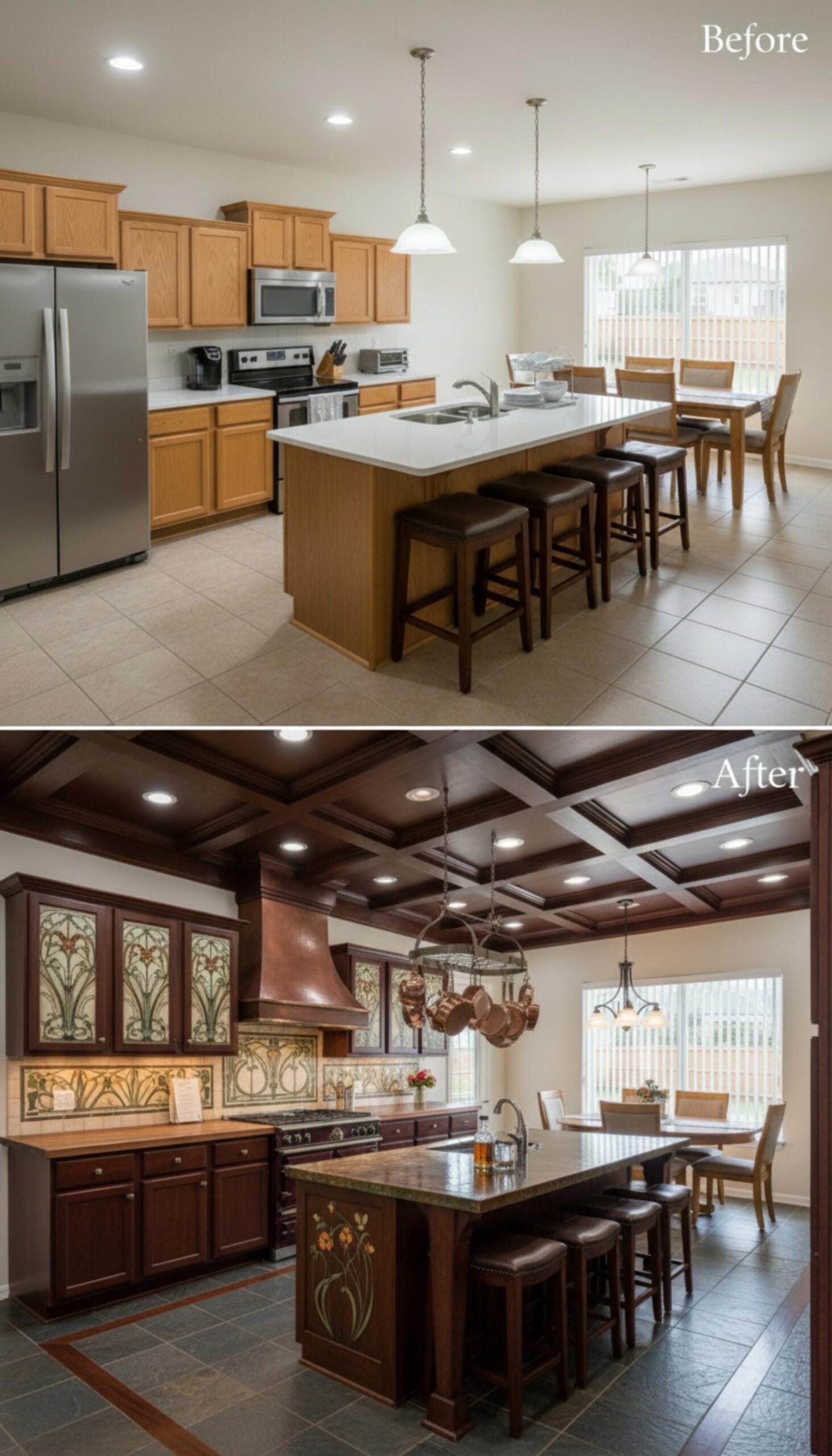 Copper Range Hood, Stained Glass Cabinets, and a Coffered Ceiling Drenched in Mahogany
