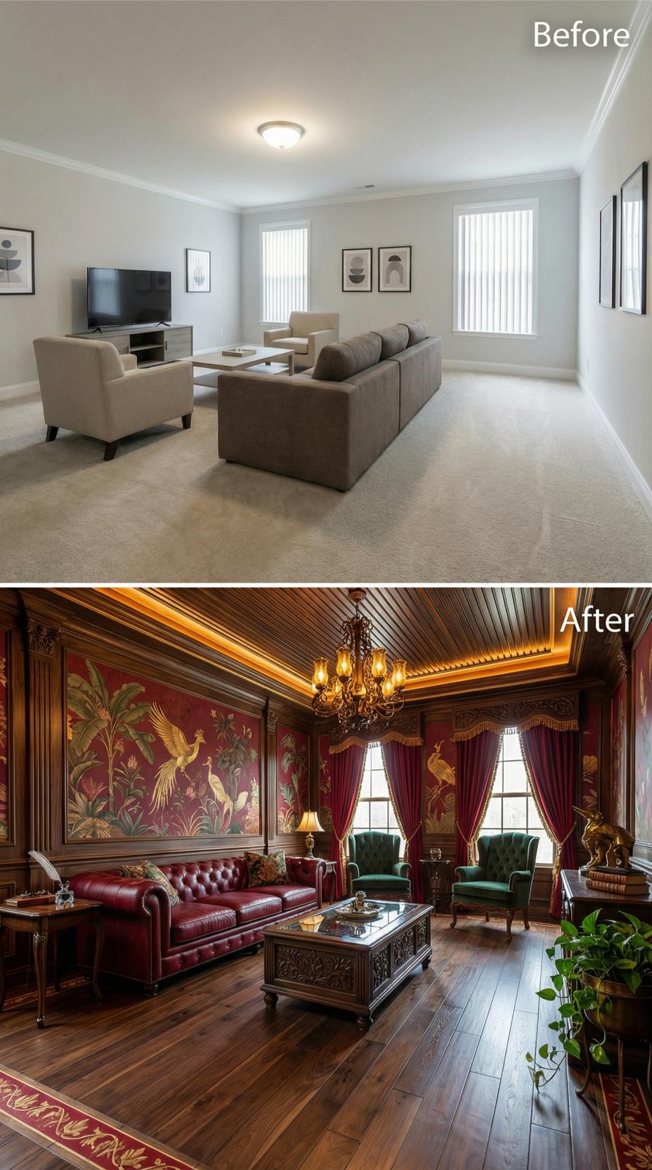 Crimson Leather Chesterfields and Hand-Painted Bird Wallpaper Finished Off the Carpet Era