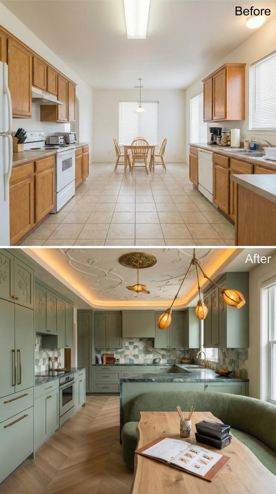 Sage Green Cabinets and Plaster Ceiling Vines Erased Every Trace of Honey Oak