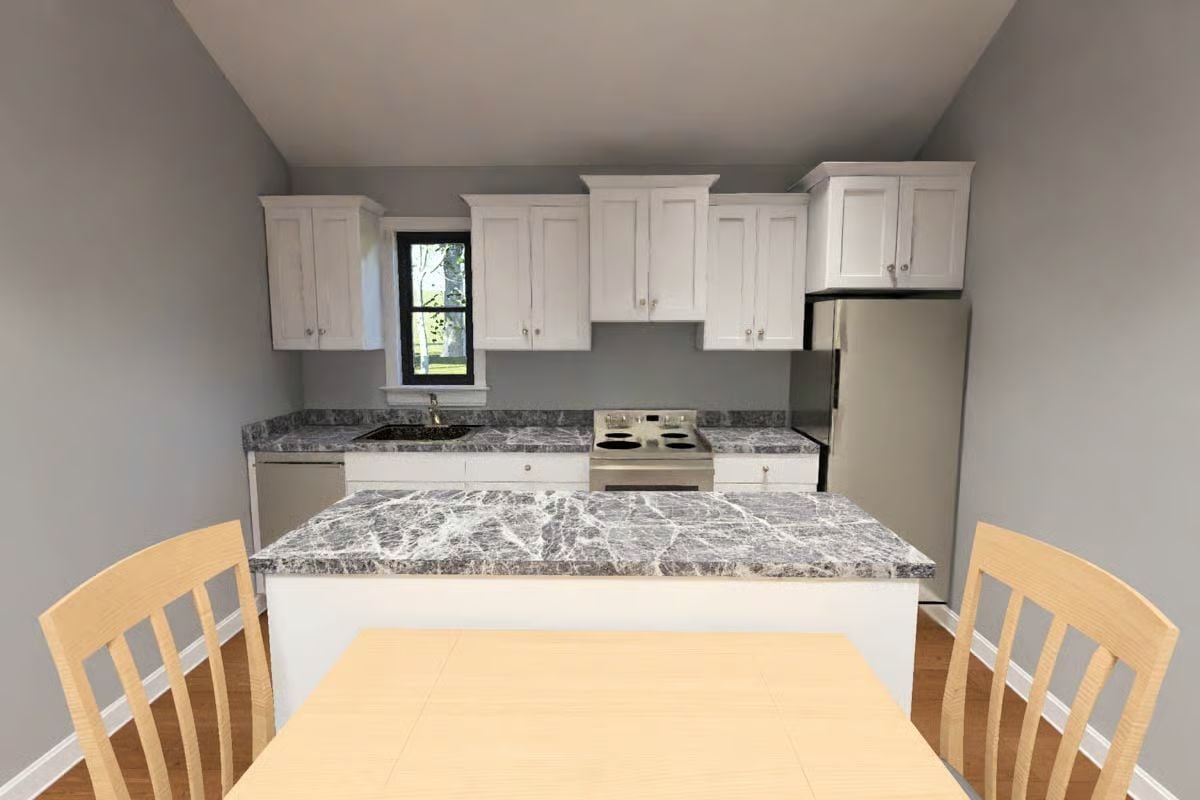 Marble-Look Counters and White Cabinets Keep a Small Kitchen Feeling Sharp