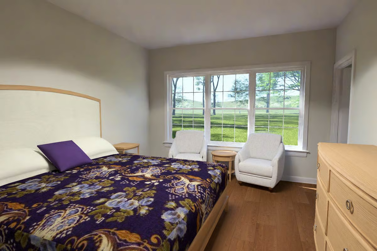 Purple Florals and Hardwood Floors Give This Country Bedroom Personality