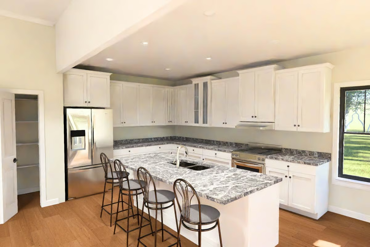 Marble-Veined Island and Iron Barstools That Mean Business