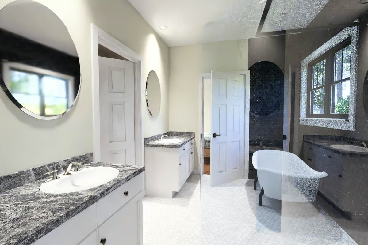 Clawfoot Tub and Dual Vanities With Countertops That Do the Heavy Lifting