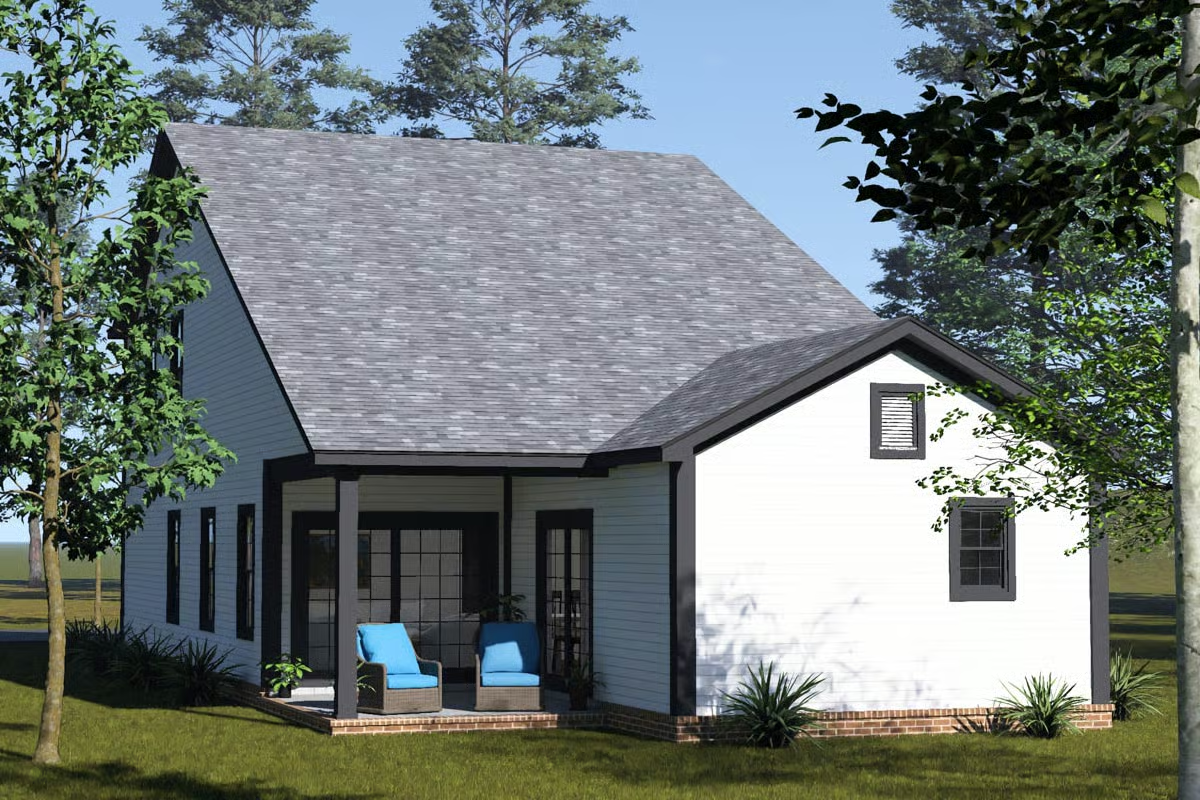 Covered Back Porch With Blue Lounge Chairs and French Doors