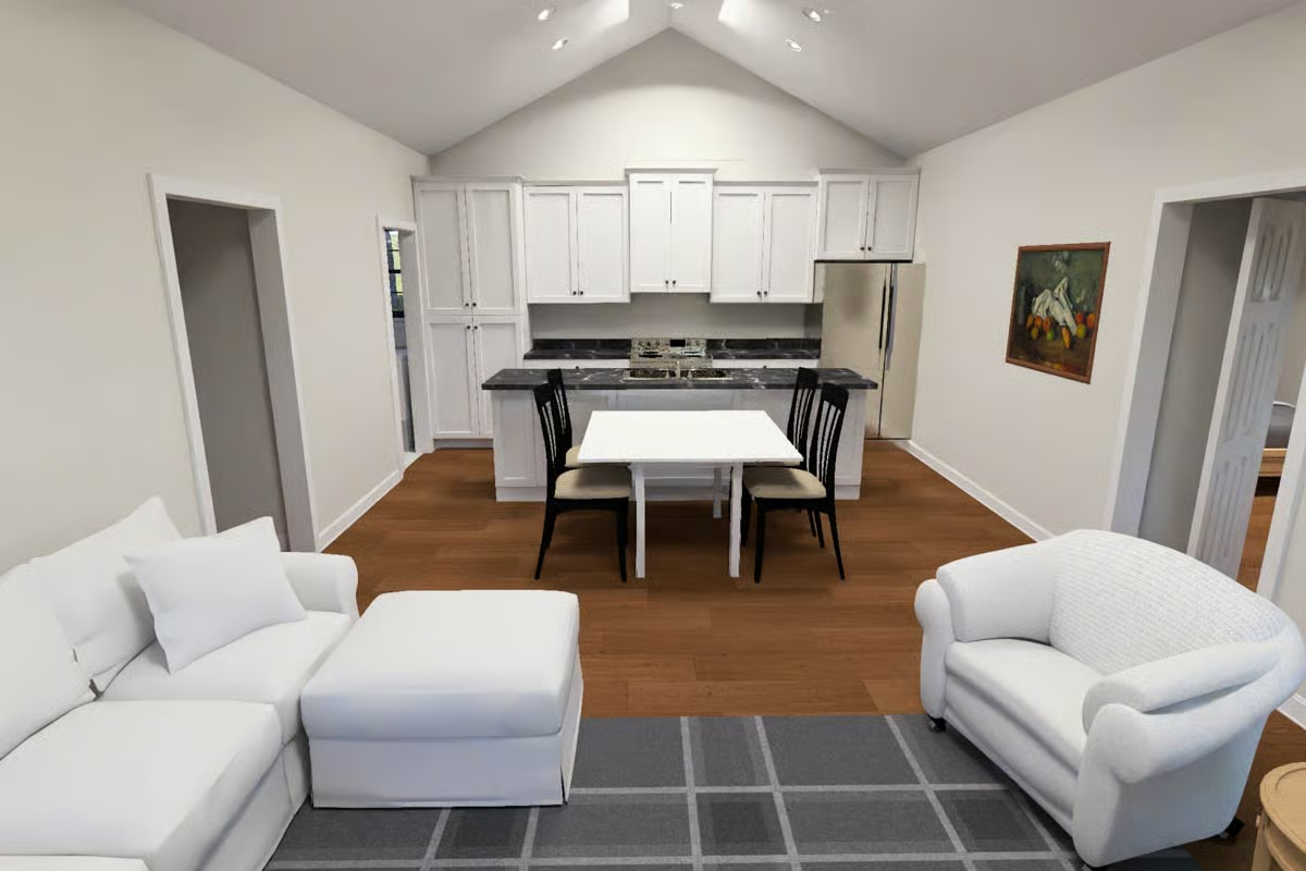 Vaulted Ceilings and White Cabinetry Give This Open Plan Room to Breathe