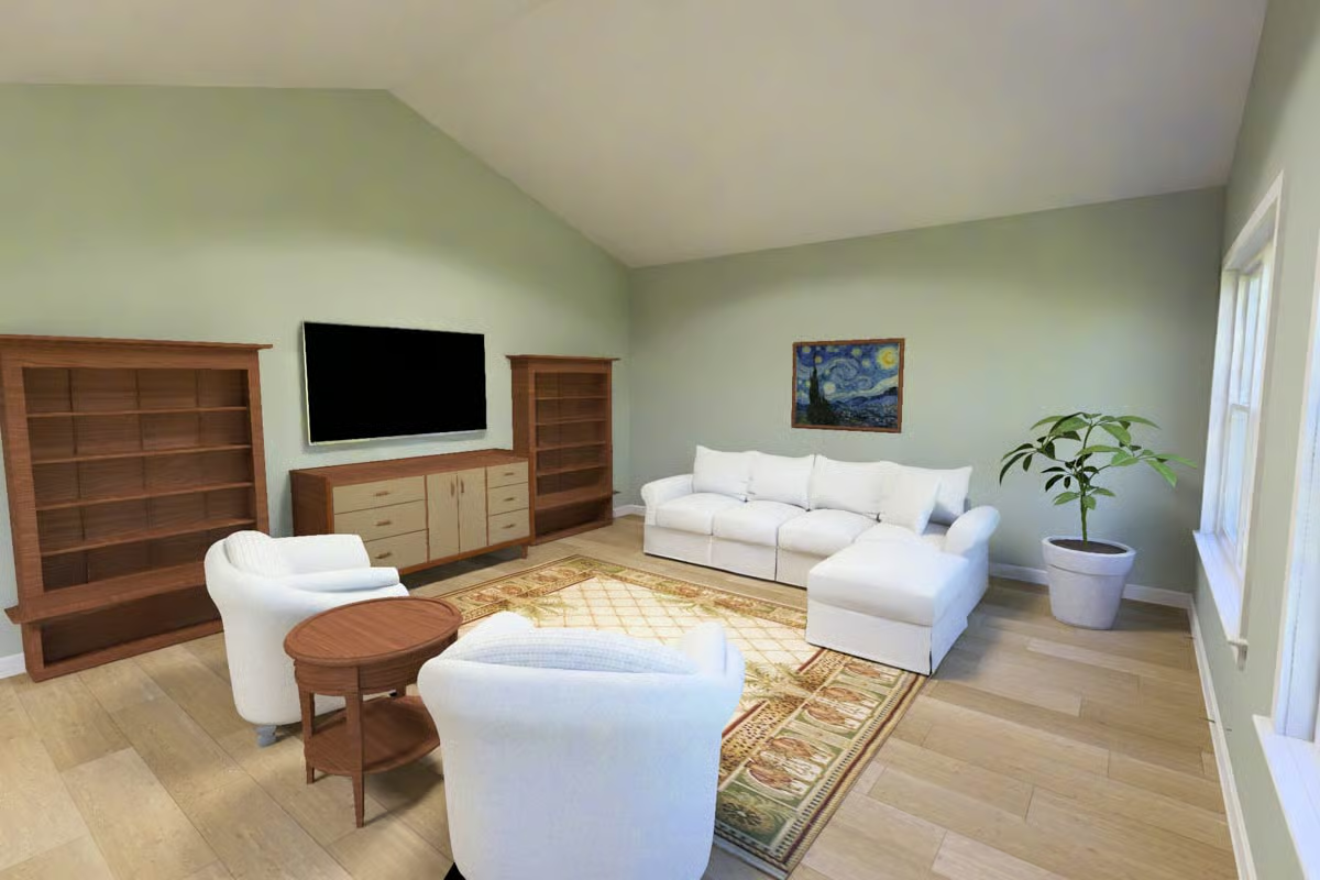 Soft Sage Walls and White Slipcovered Seating Give This Family Room Its Calm