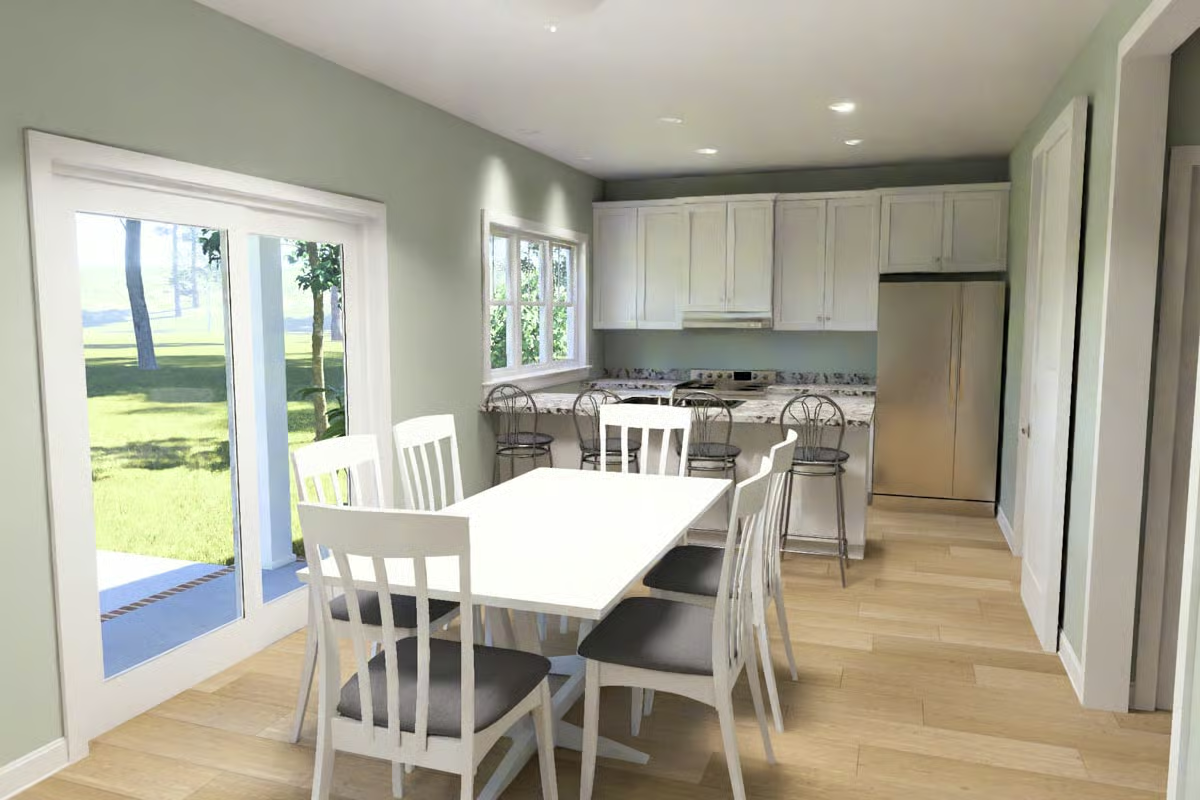 Sage Walls and a White Dining Set Keep This Kitchen-Dining Combo Relaxed