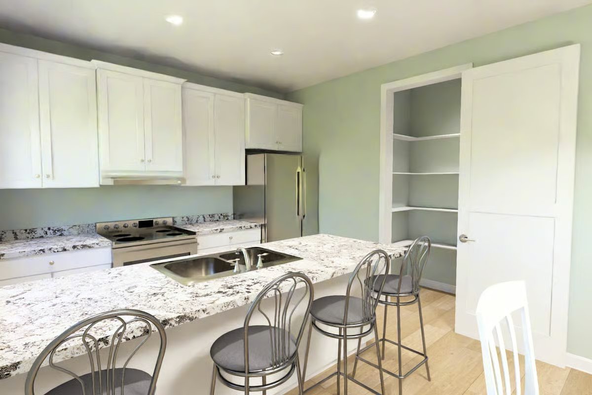 Marble-Look Counters and Metal Barstools Pull This Kitchen Together