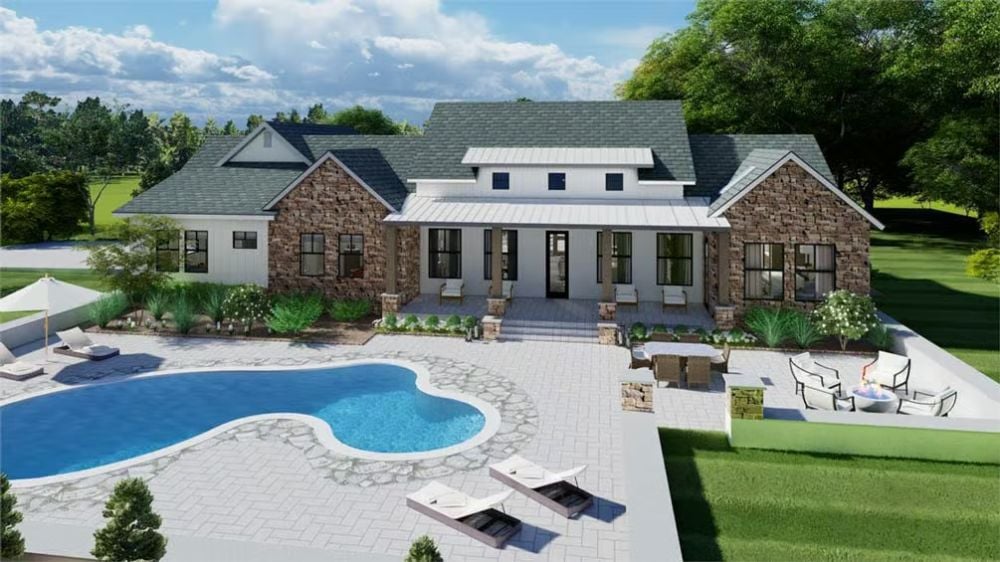 Stone and White Farmhouse Exterior with Pool Patio