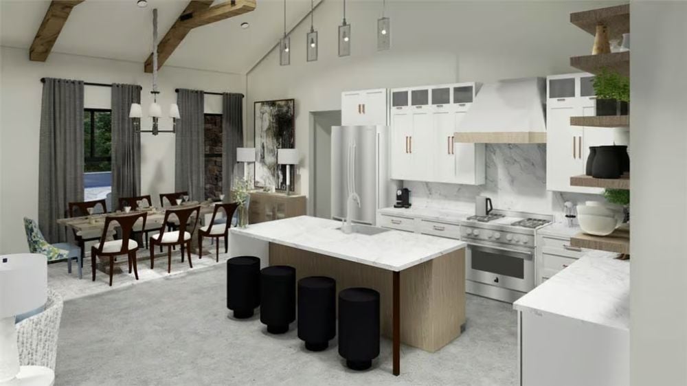 Open Kitchen Where Marble Counters Meet Exposed Wood Beams
