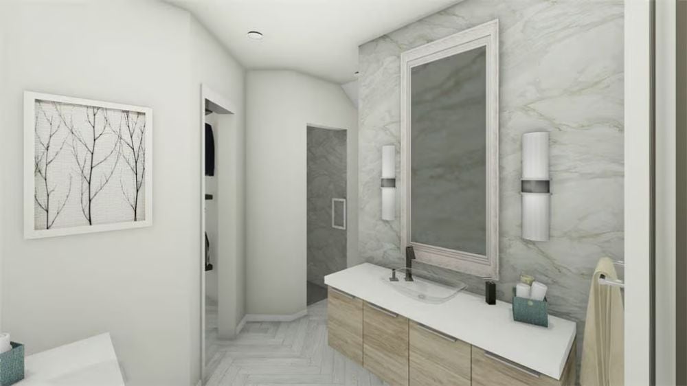 Floating Vanity and Marble Wall Tile Set a Spa-Like Tone