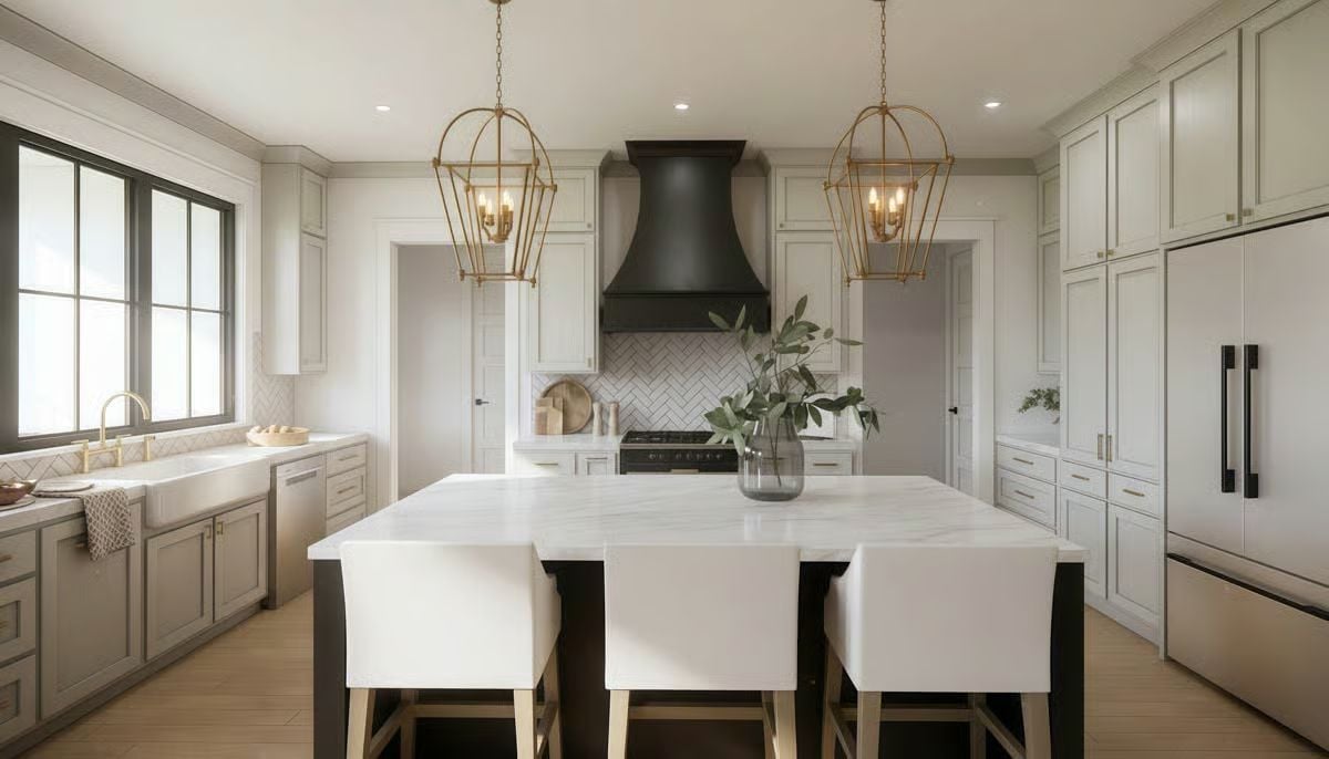 Gold Pendants and a Dark Hood Pull This Kitchen Together