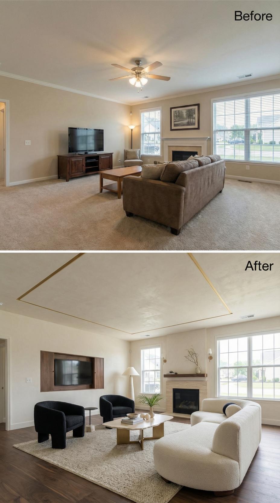 Gold Tray Ceiling Lines and Bouclé Seating Pull a Flat Room Into Focus