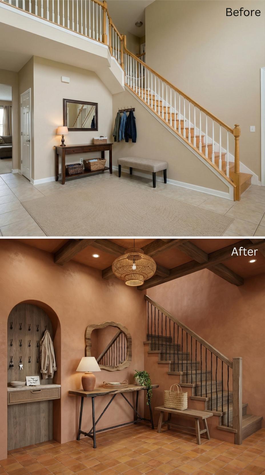 Terracotta Plaster, Exposed Ceiling Beams, and an Arched Niche That Solves the Key Problem