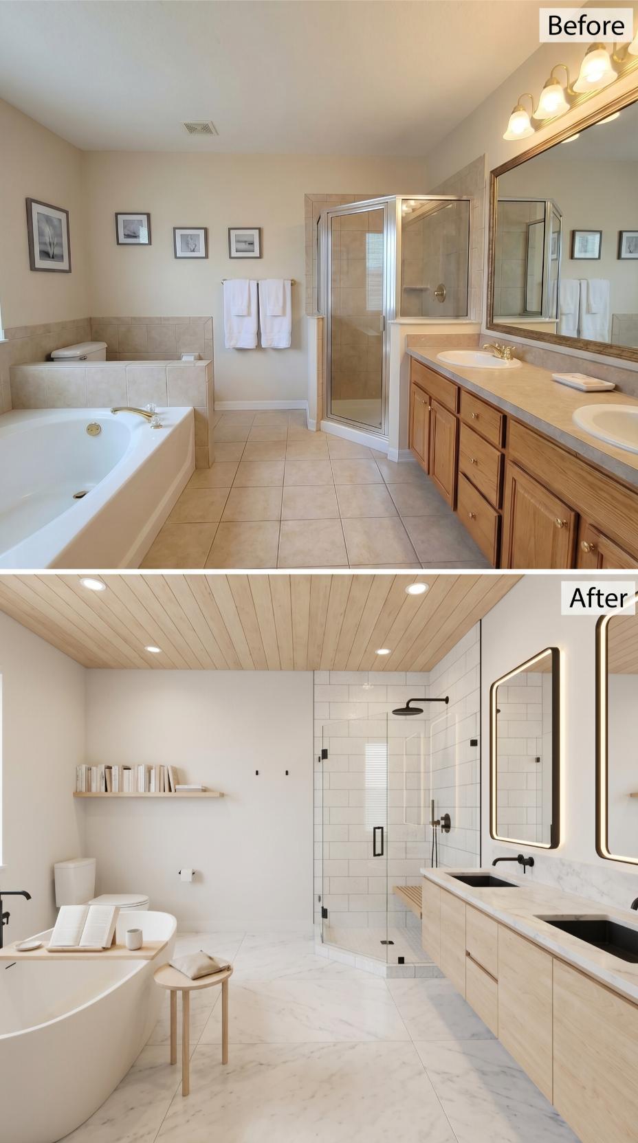Shiplap Ceiling, Freestanding Tub, and a Vanity That Finally Earned Its Wall