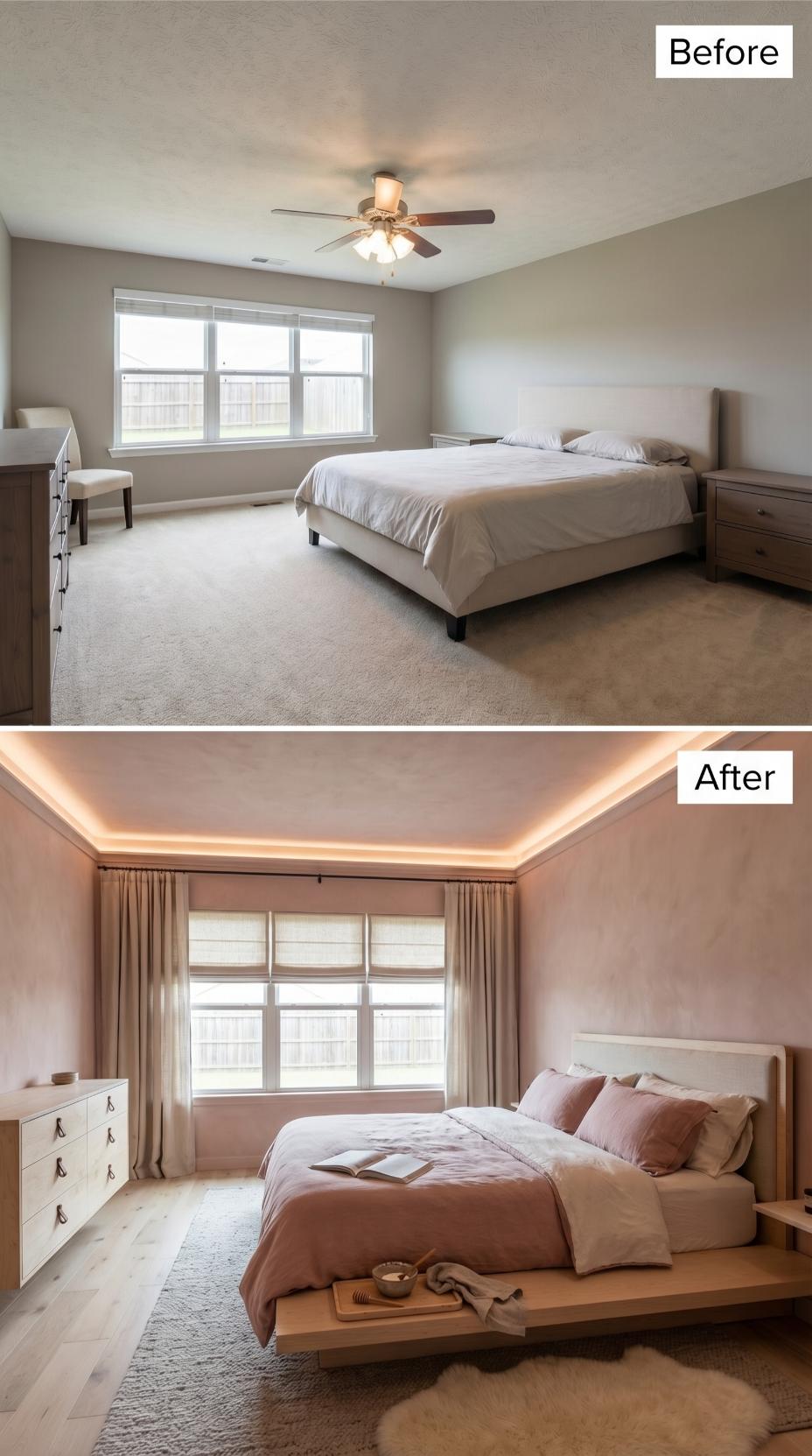 Blush Venetian Plaster and Cove Lighting Replace Carpet and Ceiling Fan