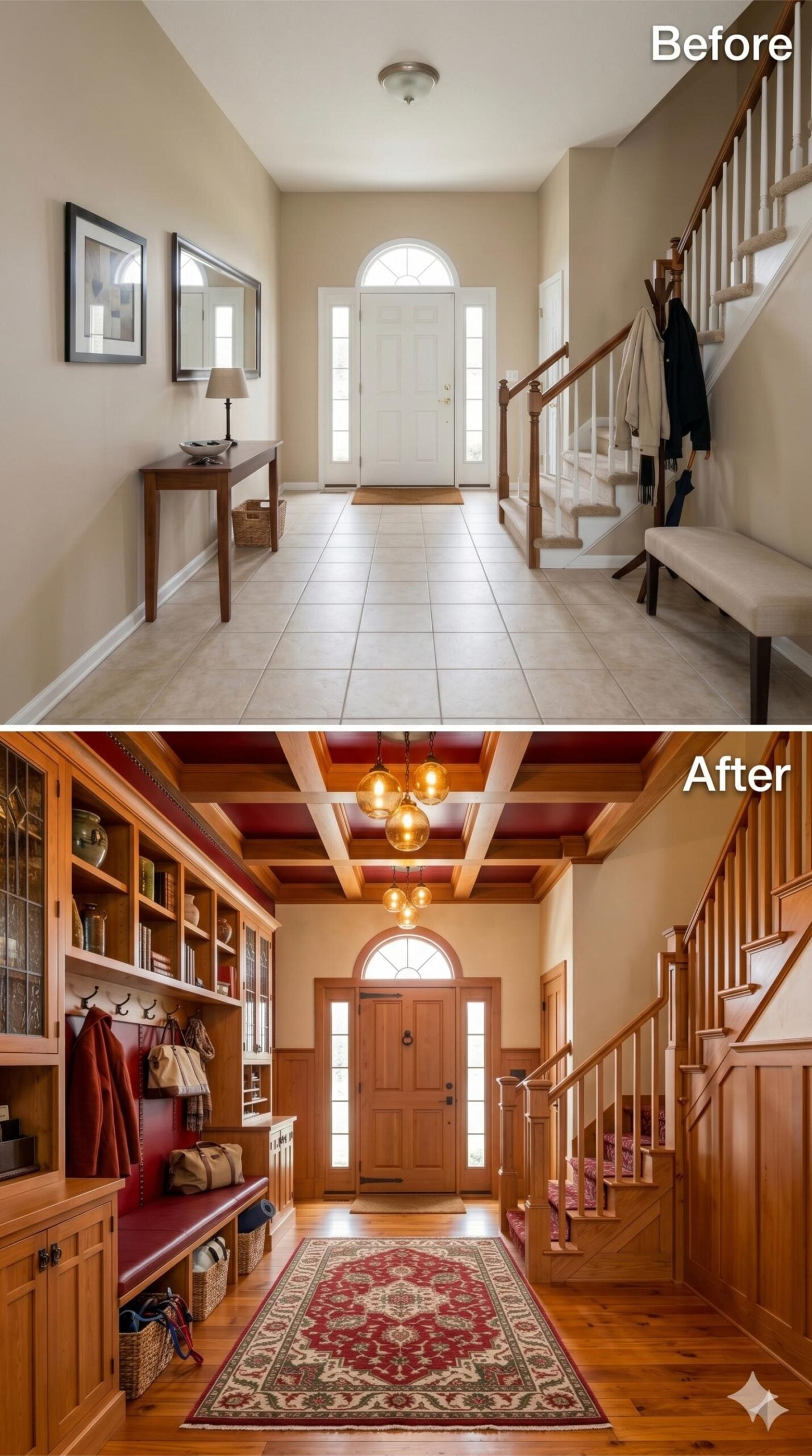 Coffered Beams and Cherry Built-Ins Turn One Foyer Into a Craftsman Masterpiece