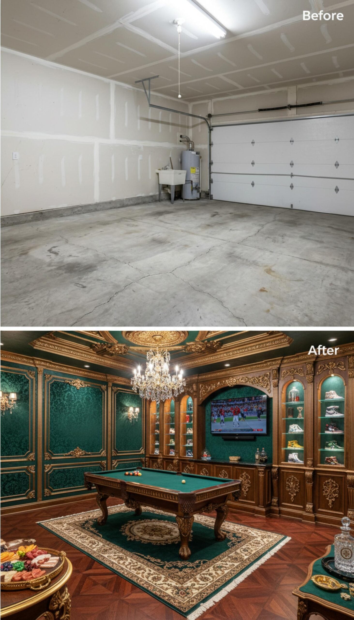 Baroque Billiards Room Swaps Concrete Floors for Herringbone Hardwood and Gold Molding